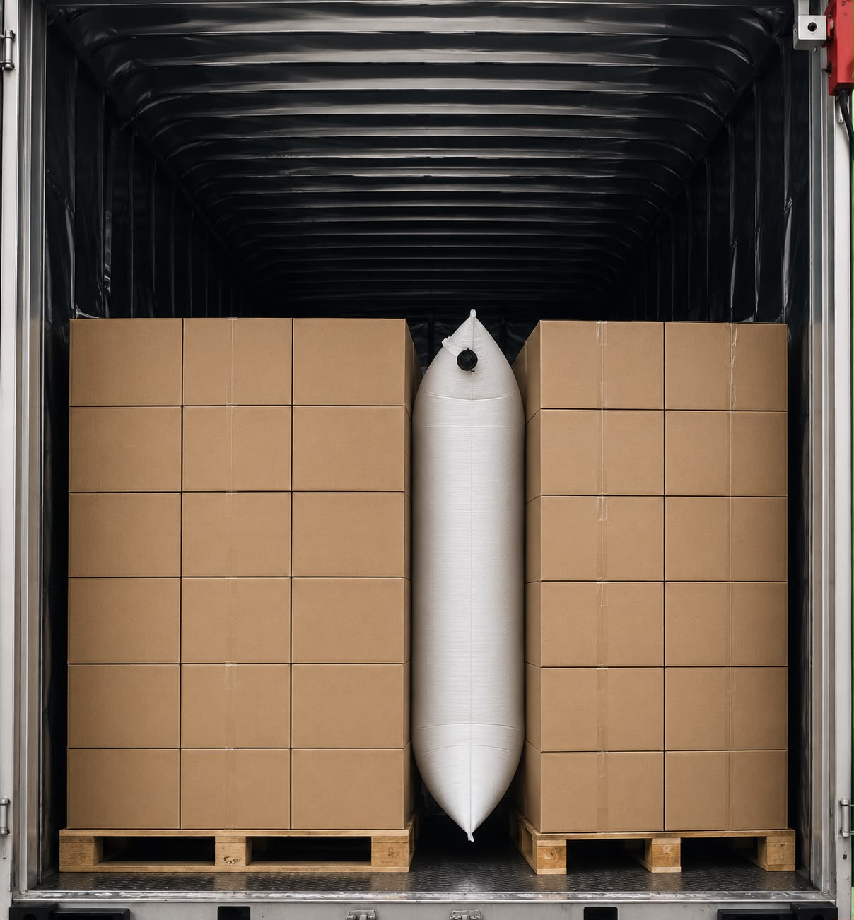 Bolsa de estiba inflada entre pallets dentro de un contenedor